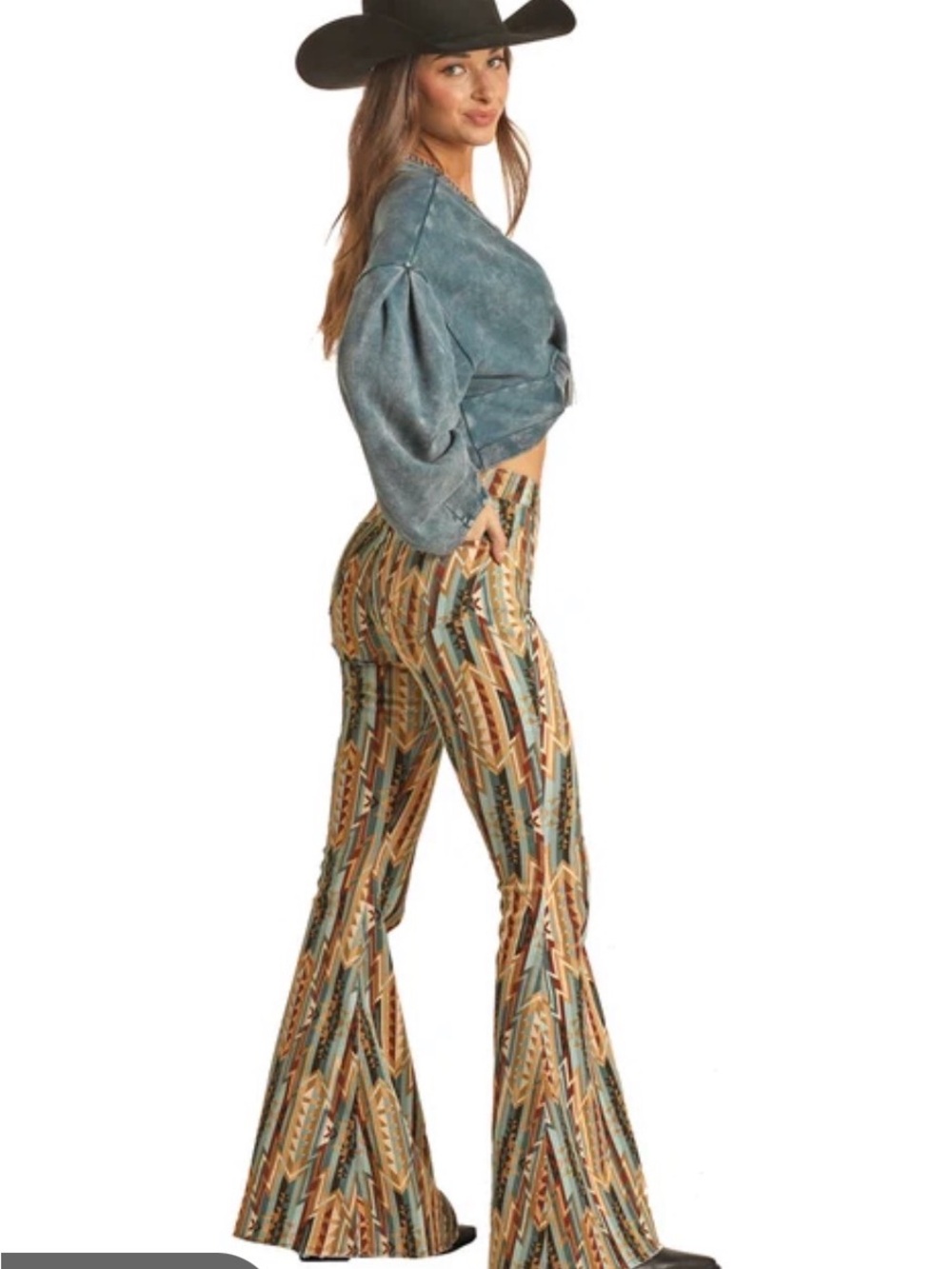Rock & Roll Cowgirl Aztec Flare Pants in Teal & Tan